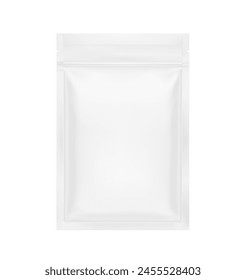 Resealable mylar bag mockup with zip lock and tear notch. Realistic vector illustration isolated on white background. Flat lay view. Packaging for cosmetic, food, pet. Ready for your design. EPS10.