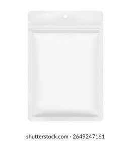 Saco de saqueta com fecho de correr, entalhe lacrimal e encaixe de fenda de furo. Ilustração de vetor realista isolado no fundo branco. Embalagem para cosméticos, alimentos, animais de estimação. Pronto para o seu design. EPS10