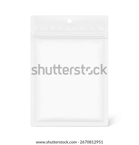 Resealable sachet bag with zip lock, tear notch and hole slot mockup. Realistic vector illustration isolated on white background. Packaging for cosmetic, food, pet. Ready for your design. EPS10.