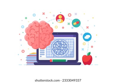 Research of activity and structure of brain organ, use of data by scientific community. Medical brain study. Simple flat concept vector isolated on white background