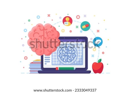 Research of activity and structure of brain organ, use of data by scientific community. Medical brain study. Simple flat concept vector isolated on white background
