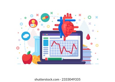 Investigación de la actividad y estructura del órgano cardíaco humano, uso de datos por parte de la comunidad científica. Estudio cardiaco médico. Simple vector de concepto plano aislado en fondo blanco