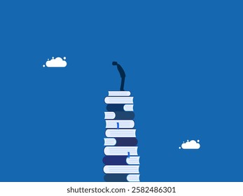 Research, Advanced learning, man standing on a pile of books