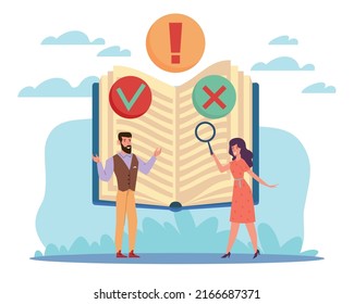 Research And Analysis Fake News. Search For Evidence Read Text, False And True Informstion, People Find Mistake, Man And Wonam With Huge Book, Gossip In Internet. Vector Cartoon Flat Concept