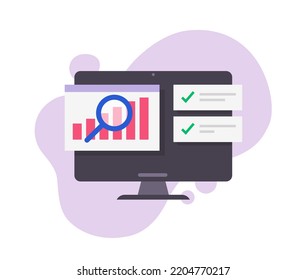 Research analysis graph diagram report on computer report vector icon, audit finance sales data growth online graphic illustrated, digital kpi finance analytics chart