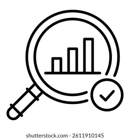 Research and analysis icon, featuring a magnifying glass over a chart with a checkmark, symbolizing evaluation, inspection, analytics, audits, business research