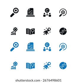 Conjunto de iconos de investigación y análisis: Búsqueda de datos de Vector, documentación, lupa e iconos de trabajo en equipo