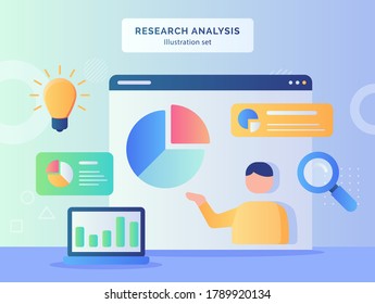 Research analysis illustration set men analyzing data on computer screen background of lupe magnifying pie chart bulb idea with flat style.