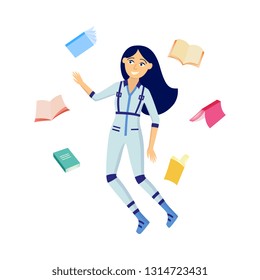 Research and analysis of information concept - young woman in cosmonaut costume flies surrounded by different documents and notepads isolated on white background, cartoon vector illustration.