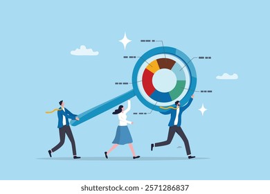 Research analysis, insight information, marketing chart diagram, optimization or analyzing data, intelligence discovery, statistics or examine concept, business people carry magnifying glass analysis.