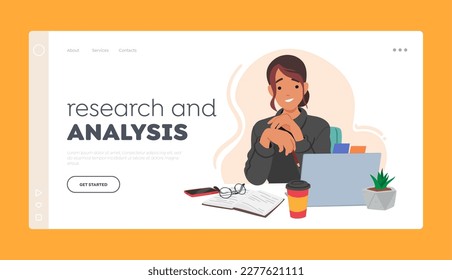 Research and Analysis Landing Page Template. Student Girl Character Seated At Desk, Surrounded By Book, Laptop, Coffee and Phone. Concept of Educational Process. Cartoon People Vector Illustration