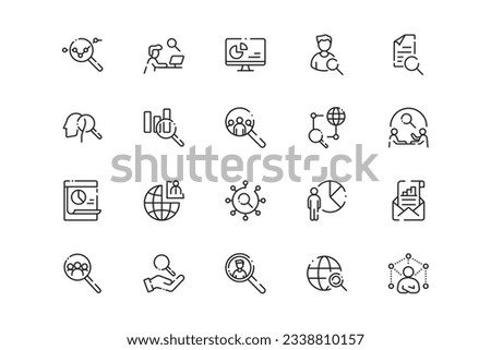 Research and Analysis lines icon set. Research and Analysis genres and attributes. Linear design. Lines with editable stroke. Isolated vector icons.