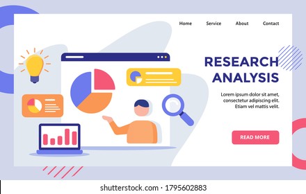 Research analysis man pie chart on monitor campaign for web website home homepage landing page template banner with modern flat style
