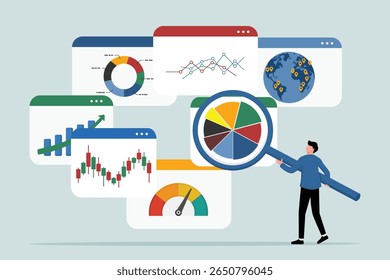Relatório de análise de pesquisa, gráfico e painel de diagrama, estatísticas de gráfico financeiro, análise de dados, SEO ou conceitos de otimização, empresário com lupa analisando gráficos de pesquisa e gráficos.
