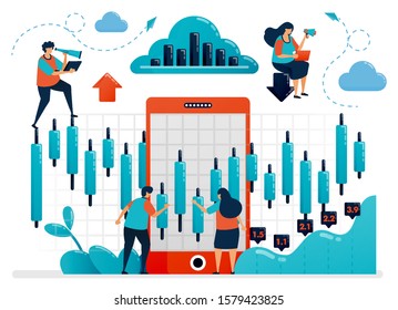 Research and analysis statistical data to choose investment. Mobile platform for finance and funding. Chart and diagram. Flat vector human illustration for landing page, website, mobile, poster, ads