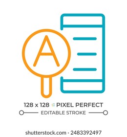 Research article two color line icon. Academic paper. Mobile app. Document and magnifying glass bicolor outline symbol. Duotone linear pictogram. Isolated illustration. Editable stroke