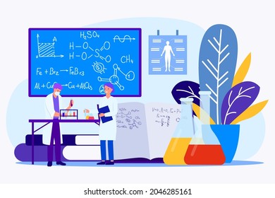 Research associate professional specialist doctor work with scientific formula, tiny character flat vector illustration, isolated on white.