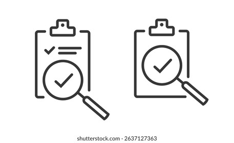 Research audit document overview icon vector, report checklist review via magnifier glass line art stroke simple minimal graphic set, tax inspection check list pictogram, study analysis checkmark