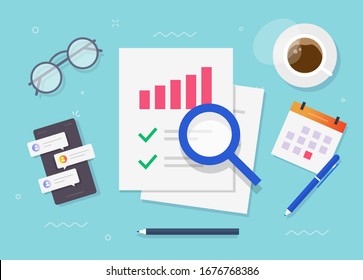 Research of audit report review or financial risk access evaluation top view working desk table vector flat cartoon, work place or desktop and sales data reporting check document or business analytics