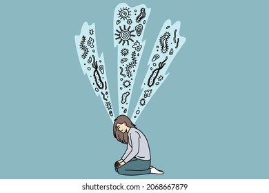 Investigación del concepto de bacterias y microorganismos. Mujer joven sentada de rodillas mirando hacia abajo buscando bacterias microorganismos ilustración vectorial 
