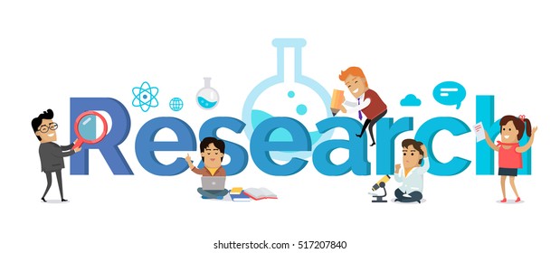 Research banner. Education concept. Flat style. Scientist, teacher, student characters on white background and letters. Physics, biology, astronomy, literature, engineering, math illustration.