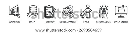 Research banner icon with analysis, data, survey, development, fact, knowledge, data entry