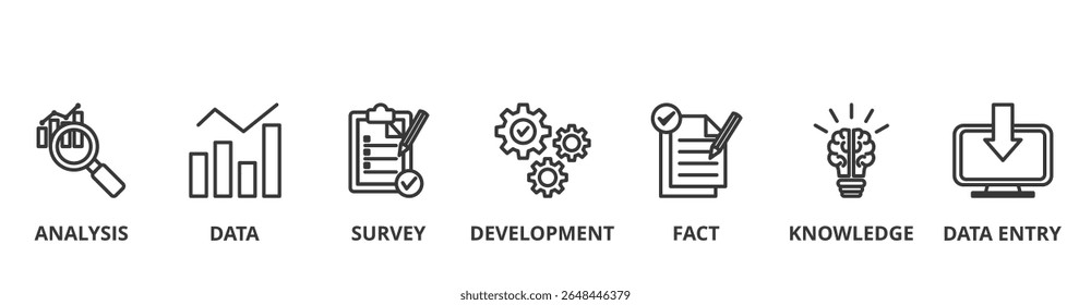 Research banner vector illustration concept with icon of analysis, data, survey, development, fact, knowledge and data entry
