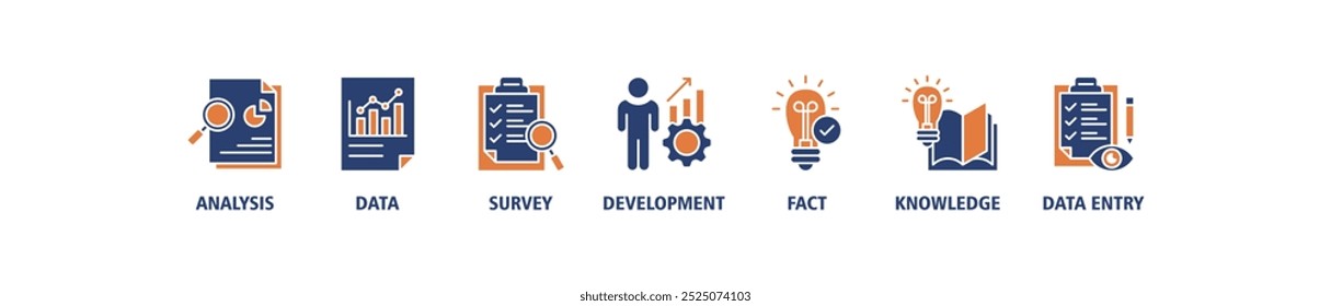 Ícone da web do banner da pesquisa define o conceito da ilustração do vetor com o ícone da análise, dados, pesquisa, desenvolvimento, fato, conhecimento e entrada de dados ícones símbolo infográfico fundo