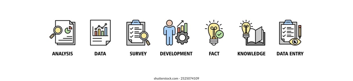 Ícone da web do banner da pesquisa define o conceito da ilustração do vetor com o ícone da análise, dados, pesquisa, desenvolvimento, fato, conhecimento e entrada de dados ícones símbolo infográfico fundo