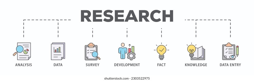 Research banner web icon vector illustration concept with icon of analysis, data, survey, development, fact, knowledge and data entry
