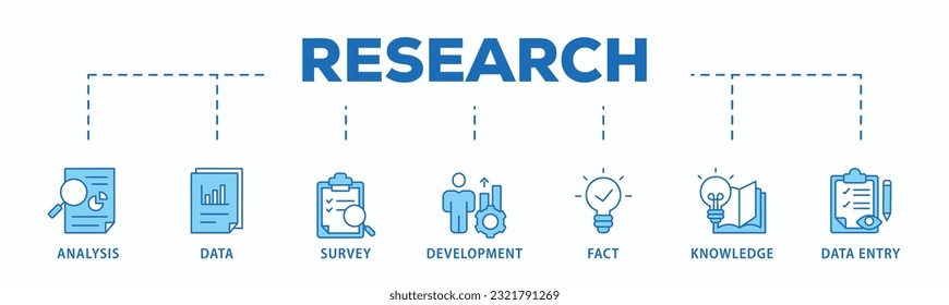 Icono de la investigación Icono de la web Icono de la ilustración vectorial con ícono de análisis, datos, encuesta, desarrollo, hechos, conocimiento y entrada de datos