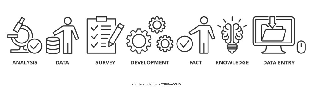 Icono de la investigación Icono de la web Icono de la ilustración vectorial con ícono de análisis, datos, encuesta, desarrollo, hechos, conocimiento y entrada de datos