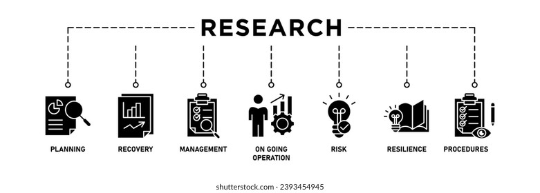 Icono de la investigación Icono de la web Icono de la ilustración vectorial con ícono de análisis, datos, encuesta, desarrollo, hechos, conocimiento y entrada de datos