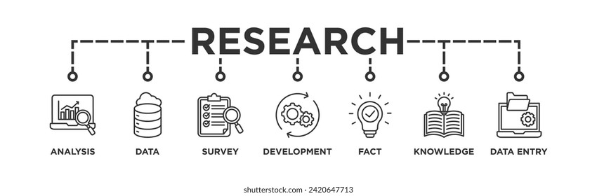 Icono de la investigación Icono de la web Icono de la ilustración vectorial con ícono de análisis, datos, encuesta, desarrollo, hechos, conocimiento y entrada de datos