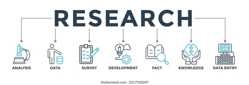 Conceito de ilustração vetorial de ícone da Web com ícone de análise, dados, pesquisa, desenvolvimento, fato, conhecimento e entrada de dados
