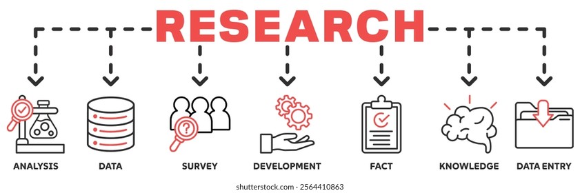 Research banner web icon vector illustration concept with icon of analysis, data, survey, development, fact, knowledge, data entry