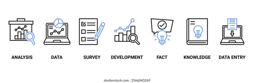 Research banner web icon vector illustration concept with icon of analysis, data, survey, development, fact, knowledge and data entry