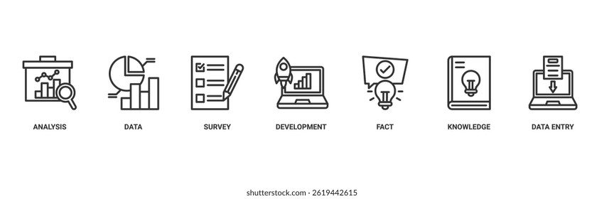 Conceito de ilustração vetorial de ícone da Web com ícone de análise, dados, pesquisa, desenvolvimento, fato, conhecimento e entrada de dados