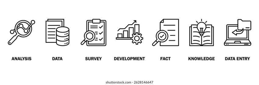 Conceito de ilustração vetorial de ícone da Web com ícone de análise, dados, pesquisa, desenvolvimento, fato, conhecimento e entrada de dados