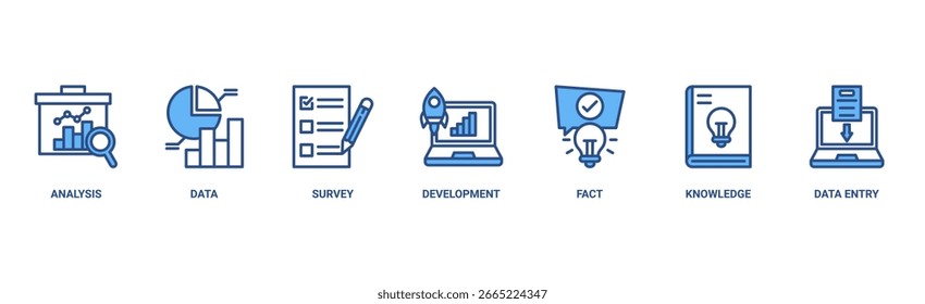 Concepto de Ilustración vectorial del icono del Web del Anuncio de investigación con el icono del análisis, de los datos, de la Encuesta, del desarrollo, del hecho, del conocimiento y de la entrada de datos