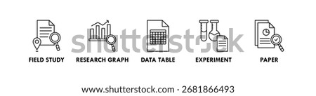 Research banner web icon vector illustration concept with icon of field study, research graph, data table, experiment, and paper