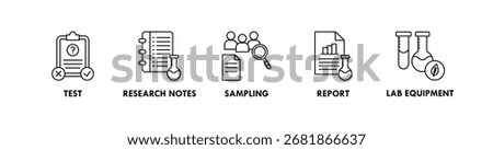 Research banner web icon vector illustration concept with icon of test, research notes, sampling, report, and lab equipment