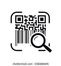 Research barcode. Vector illustration Magnifying glass and barcode isolated on a white background. Business technology symbol.  Magnifying glass searching barcode. 