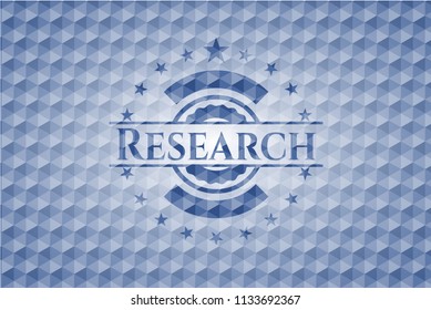 Research blue badge with geometric pattern background.