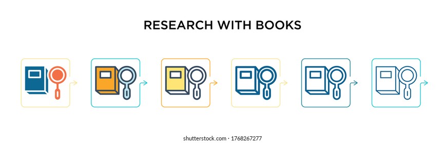 Investigación con libros icono vector en 6 estilos diferentes. Negra, dos investigaciones coloreadas con íconos de libros diseñados en estilo relleno, contorno, línea y trazo. La ilustración vectorial puede utilizarse para la web,