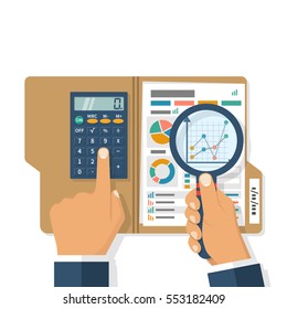 Research business concept. Businessman analyzing financial market research charts. Tax audit, financial report, planning accounting. Calculator magnifying glass in hand. Vector illustration flat style