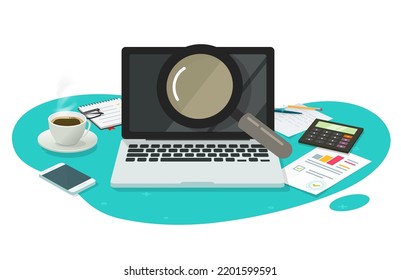 Research business online review via computer loupe vector or sales market analysis search and find development solution concept table top work desk 3d illustration, study discover or education focus