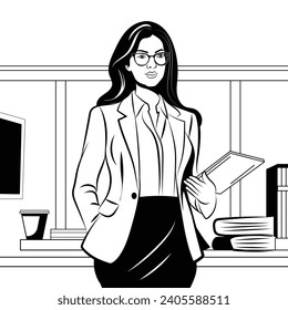 Research businesswoman, office people concept, line-art-doodle