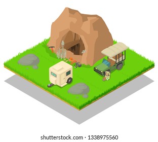 Research of cave concept banner. Isometric banner of research of cave vector concept for web, giftcard and postcard