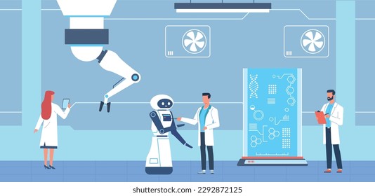 Research center for artificial intelligence and robots. Future technology. Tech progress, people and ai. Innovation and development of science. Cartoon flat style isolated vector concept